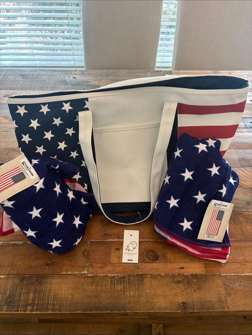 American Flag Canvas Tote Bag & Two Beach Towels NWT